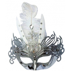 Silberkugel Maske mit weißen Federn 30 cm