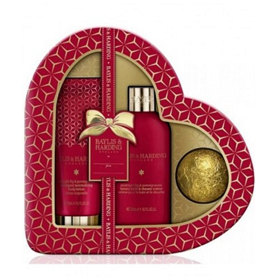 Baylis & Harding Feigen- und Granatapfel-Bade- und Duschcreme 300 ml + Körperlotion 200 ml + Schaumbadekugel-Kosmetikset Herz