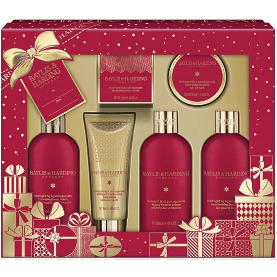 Baylis & Harding Feigen- und Granatapfel-Flüssigseife 300 ml + Duschcreme 300 ml + Bademilch 300 ml + Seife 150 g + Körperlotion 130 ml + Badekristalle 100 g, kosmetisches Körperpflegeset
