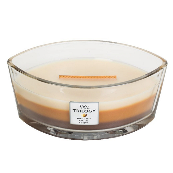 WoodWick Trilogy Cafe Sweets - Süßigkeiten zum Kaffee Duftkerze mit breitem Holzdocht und Deckel Boot 453 g