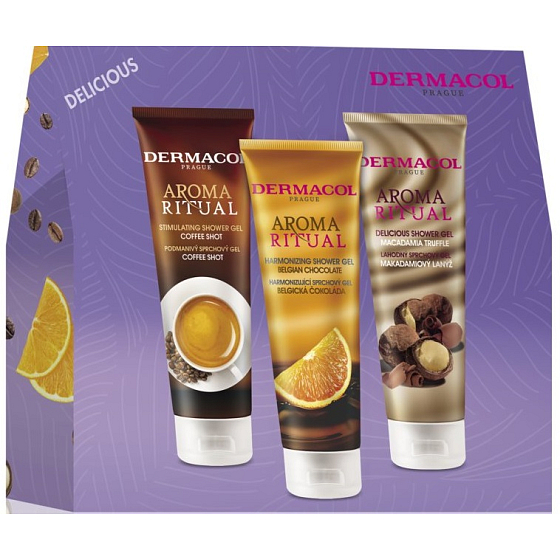 Dermacol Aroma Ritual Coffee Shot cremiges Duschgel 250 ml + Belgian Chocolate harmonisierendes Duschgel 250 ml + Macadamia Truffle köstliches Duschgel 250 ml, Kosmetikset für Frauen
