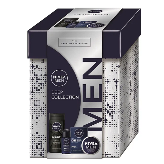 Nivea Men Deep Collection Comfort after shave 100 ml + Nivea Men Creme Gesichts-, Körper- und Handcreme 75 ml + Nivea Men Deep Darkwood Antitranspirant Roll-on 50 ml + Nivea Men Deep Clean Duschgel 250 ml, Kosmetikset für Männer