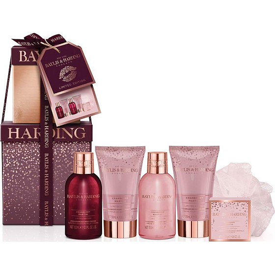Baylis & Harding Cranberry Martini Waschgel 100 ml + Duschcreme 100 ml + Körperlotion 50 ml + Handcreme 50 ml + Badekristalle 25 g + Waschlappen, Kosmetikset