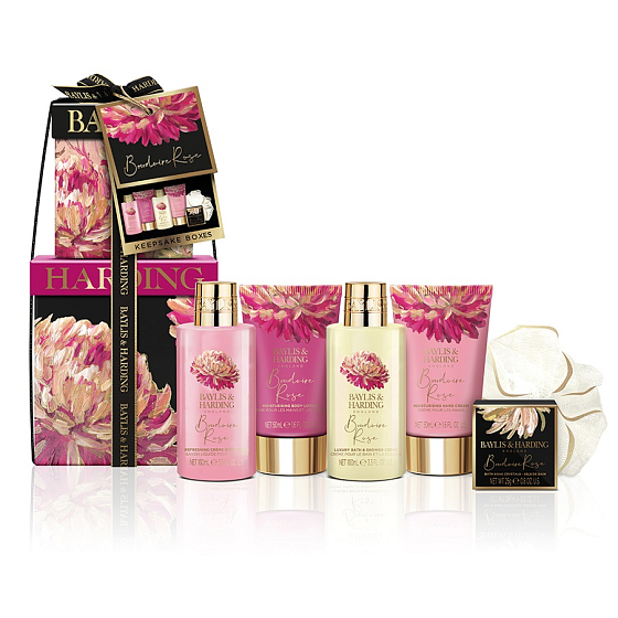 Baylis & Harding Mysterious Rose Waschgel 100 ml + Duschcreme 100 ml + Körperlotion 50 ml + Handcreme 50 ml + Badesalz 25 g + Waschschwamm, Kosmetikset für Frauen