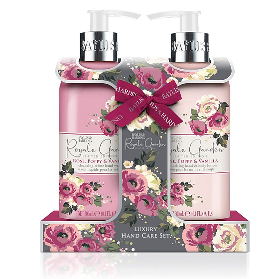 Baylis & Harding Rose, Mohn & Vanille Flüssigseifenspender 300 ml + Hand- und Körperlotion 300 ml, Kosmetikset für Frauen