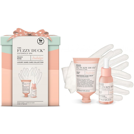 Baylis & Harding Cotswold Spa Pfirsich und Rose Handcreme 50 ml + Nagelhautöl 30 ml + Handschuhe 1 Paar, Kosmetikset für Frauen