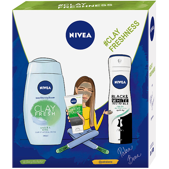 Nivea Clay Fresh Ginger & Basil Duschgel mit Clay 250 ml + Schwarz & Weiß Fresh Antitranspirant Spray für Frauen 150 ml + Urban Skin Detox 3 in 1 Reinigungscreme 150 ml, Kosmetikset