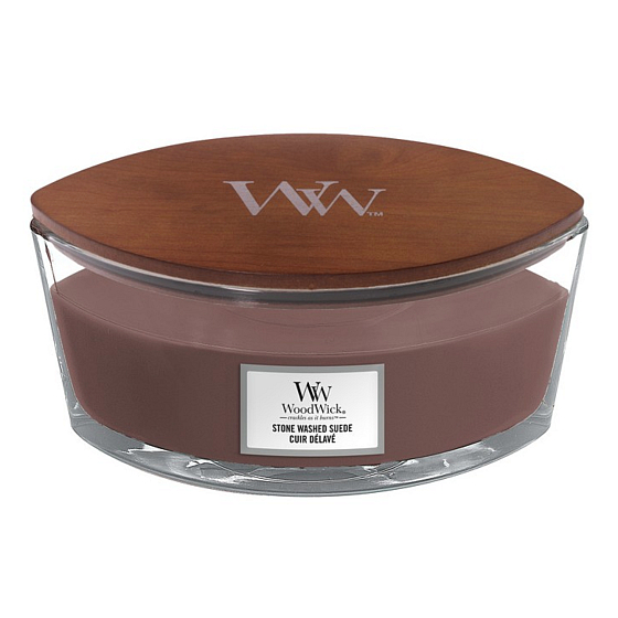WoodWick Stone Washed Suede - Duftkerze aus gewaschenem Wildleder mit breitem Holzdocht und Deckelglasboot 453 g