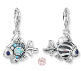 Charms Sterling Silber 925 Fisch mit blauen Strasssteinen, Karabinerverschluss Tierarmband Anhänger