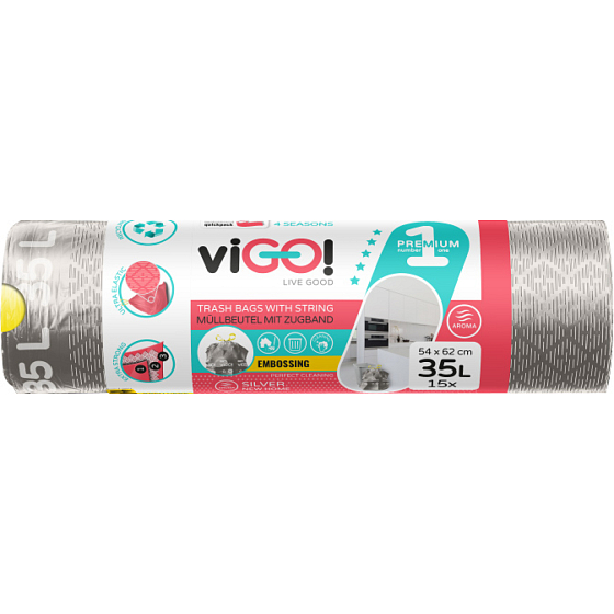 viGO! Premium Müllsäcke mit Zugverschluss, 26 µ, 54 × 62 cm, 35 l, 15 Stück