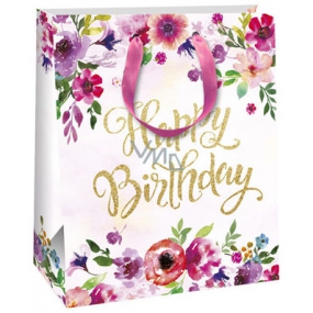 Ditipo Geschenk Papiertüte 26,4 x 13,6 x 32,7 cm weiß, mit Blumen Happy QAB Glitter
