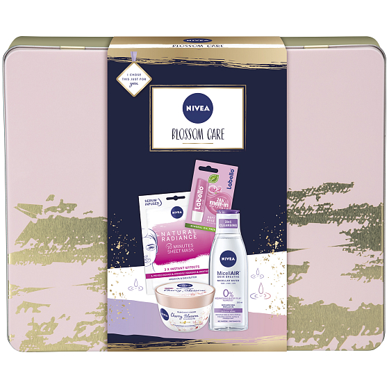 Nivea Blossom Care Mizellenwasser 200 ml + Körpersouffle 200 ml + Gesichtsmaske 1 Stück + Labello Soft Rosé Lippenbalsam 4,8 g + Blechdose, Kosmetikset