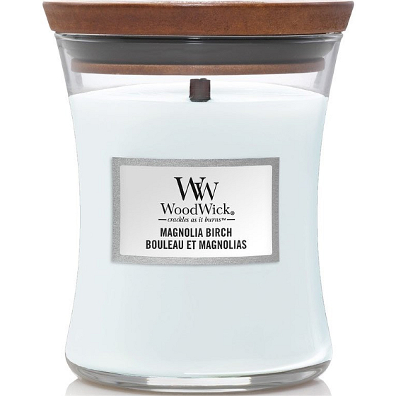 WoodWick Magnolia Birch - Magnolie und Birke Duftkerze mit Holzdocht und Deckel Glas mittel 275 g