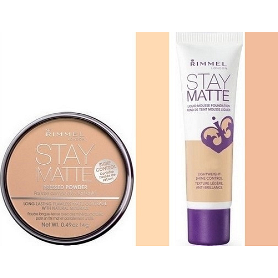 Rimmel London Stay Matte Puder 003 Pfirsichglühen 14 g + Stay Matte Liquid Mousse Make-up 200 Weichbeige 30 ml