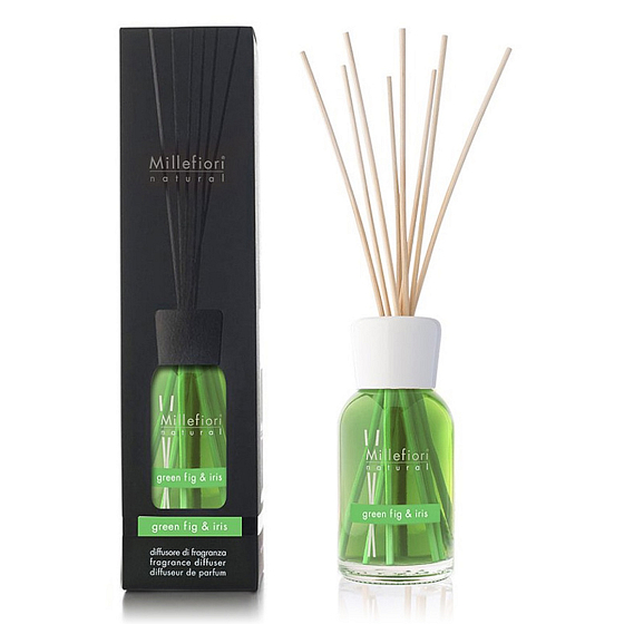 Millefiori Milano Natural Green Fig & Iris - Grüner Feigen- und Iris-Diffusor 500 ml + 12 Stiele mit einer Länge von 35 cm für große Räume Die Füllung dauert 6-7 Monate