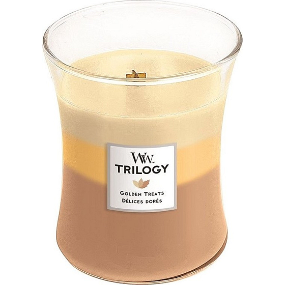 WoodWick Trilogy Golden Treats - Duftkerze mit goldenen Delikatessen, Holzdocht und Deckelglas Medium 275 g