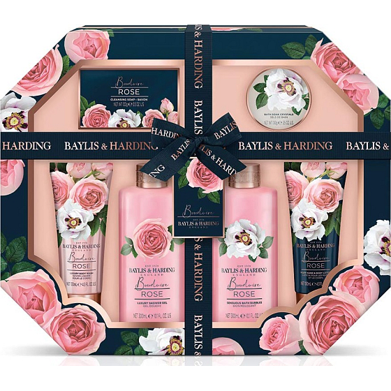 Baylis & Harding Frische Rosen Duschgel 300 ml + Badeschaum 300 ml + Körperlotion 130 ml + Reinigungsgel 130 ml + Toilettenseife 100 g + Badekristalle 100 g + Waschlappen, Kosmetikset