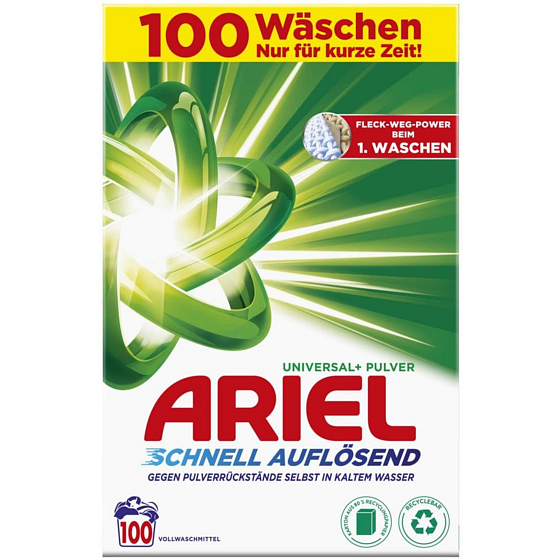 Ariel Universal+ Box Universalwaschmittel für bunte, weiße und schwarze Wäsche 100 Dosen 5,5 kg