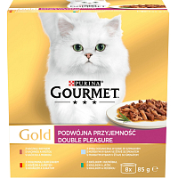 Purina Gourmet Gold für Katzen, Rind mit Hühnchen, Kaninchen mit Leber, Fisch mit Spinat, Ente mit Truthahn, 8x85 g