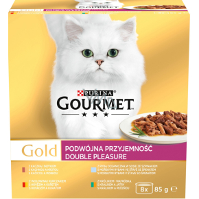 Purina Gourmet Gold für Katzen, Rind mit Hühnchen, Kaninchen mit Leber, Fisch mit Spinat, Ente mit Truthahn, 8x85 g