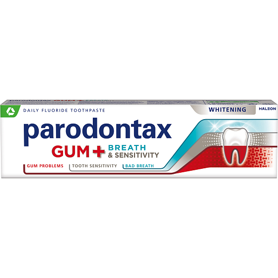 Parodontax Zahnfleisch + Atem & Empfindlichkeit Whitening Zahnpasta mit Fluorid, 75 ml