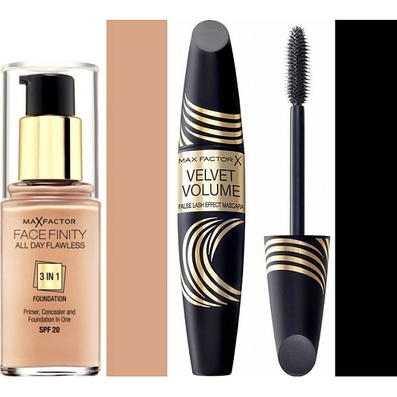 Max Factor Facefinity den ganzen Tag makelloses 3in1 Make-up 80 Bronze 30 ml + Samtvolumen Falsche Wimperneffekt Wimperntusche Schwarz 13,1 ml