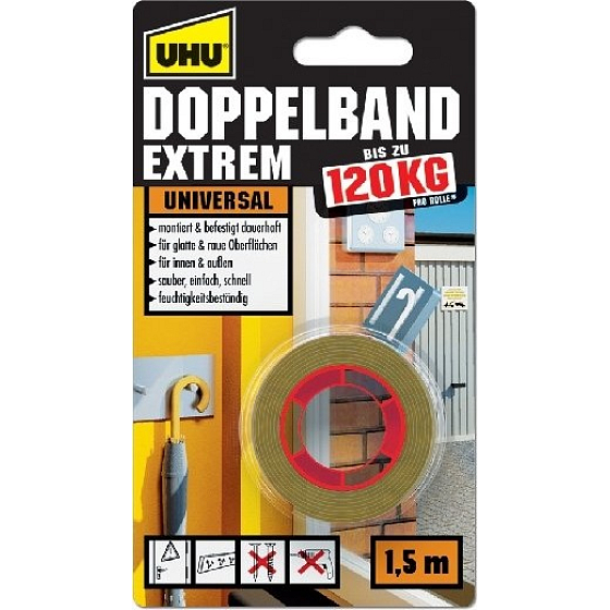 Uhu Doppelband Extrem 120 kg super starkes doppelseitiges Klebeband für Innen- und Außenbereiche 1,5 m