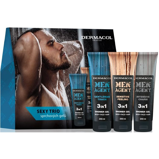 Dermacol Men Agent Sexy Trio Gentleman Touch 3 in 1 Duschgel 250 ml + Sensitive Feeling 3 in 1 Duschgel 250 ml + Intensive Charm 3 in 1 Duschgel 250 ml, Kosmetikset