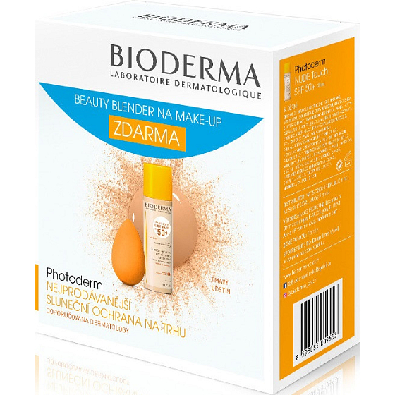 Bioderma Photoderm Nude Touch SPF 50 getönte Flüssigkeit Dunkler Farbton 40 ml + Beauty Blender Make-up Schwamm, Kosmetikset