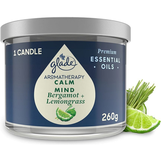 Glade Aromatherapy Calm Mind Bergamotte + Zitronengras Duftkerze groß im Glas, Brenndauer 60 h 260 g