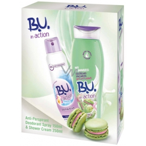 B.U. In Action Sensitive Antitranspirant Deodorant Spray für Frauen 150 ml + In Action Pistachio Macaron Duschgel 250 ml, Kosmetikset