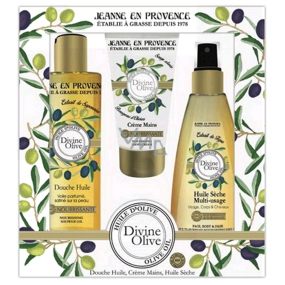 Jeanne en Provence Divine Oliven Duschöl 250 ml + Handcreme 75 ml + Pflegeöl für Körper, Gesicht und Haare 150 ml, Kosmetikset
