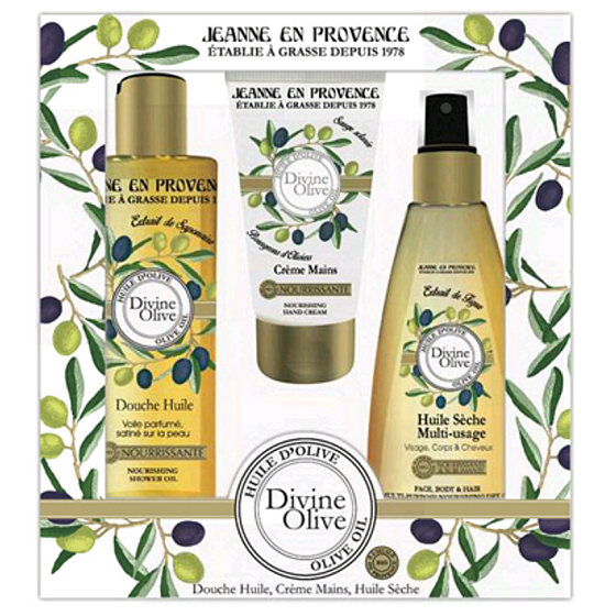 Jeanne en Provence Divine Olive Duschöl 250 ml + Handcreme 75 ml + nährendes Öl für Körper, Gesicht und Haare 150 ml, Kosmetikset