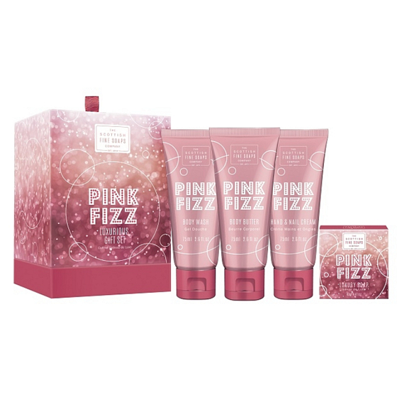 Scottish Fine Soaps Pink Fizz Duschgel 75 ml + Körperbutter 75 ml + Hand- und Nagelcreme 75 ml + Seife 40 g, Kosmetikset