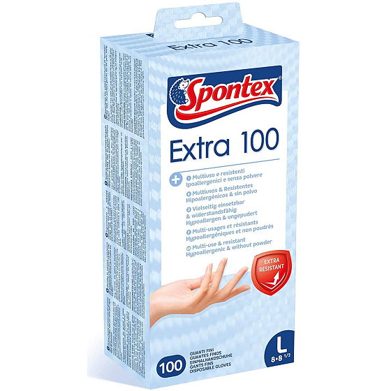 Spontex Extra 100 Einweghandschuhe, hypoallergen, puderfrei, Vinyl, Größe L, Schachtel mit 100 Stück