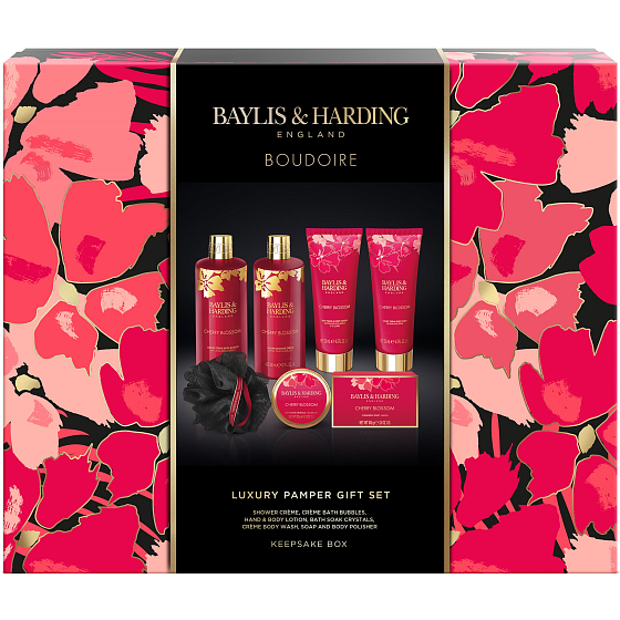 Baylis & Harding Kirschblüten Duschgel 300 ml + Duschcreme 130 ml + Körperlotion 130 ml + Badeschaum 300 ml + Toilettenseife 100 g + Badekristalle 100 g + Badeschwamm, Kosmetikset für Frauen