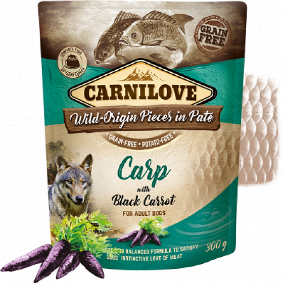 Carnilove Hundebeutel Paté Karpfen mit schwarzen Karotten Handyfreie Taschen für erwachsene Hunde 300 g
