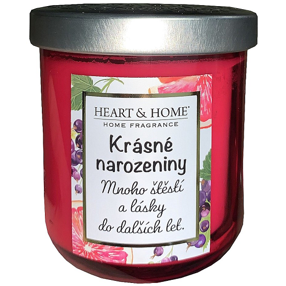 Heart & Home Frische Grapefruit und schwarze Johannisbeere Soja-Duftkerze mit Happy Birthday 110 g