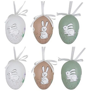 Eier mit Hasen zum Aufhängen 6 cm, 6 Stück im Beutel