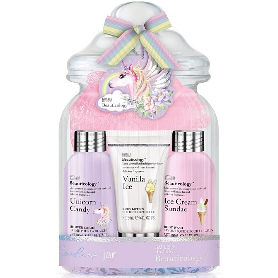 Baylis & Harding Unicorn funkelnder ballistischer Badeball 140 g + Duschcreme 100 ml + Reinigungsgel 100 ml + Körperlotion 50 ml + Waschlappen, Kosmetikset