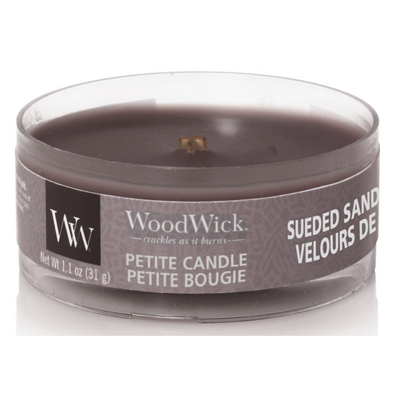 WoodWick Suede & Sandalwood - Duftkerze aus Wildleder-Sandelholz mit Holzdocht zierlich 31 g