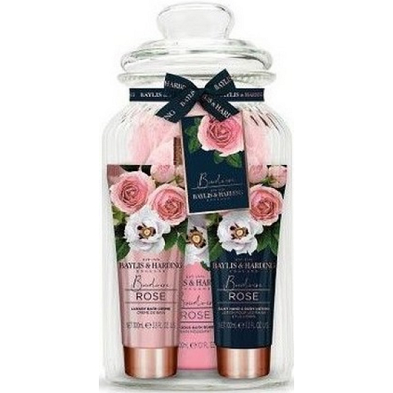 Baylis & Harding Frisches Rosenreinigungsgel 300 ml + Badecreme 100 ml + Körperlotion 100 ml + Waschlappen + Glas, Kosmetikset