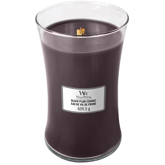 WoodWick Black Plum Cognac Duftkerze mit Holzdocht und Deckel Glas groß 609 g
