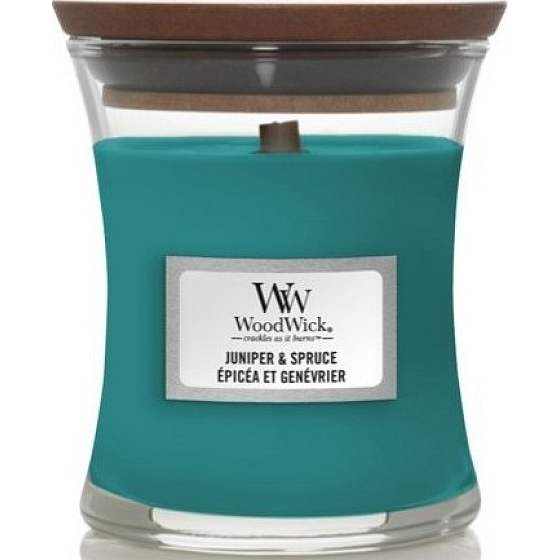 WoodWick Wacholder & Fichte Duftkerze mit Holzdocht und Deckel Glas klein 85 g