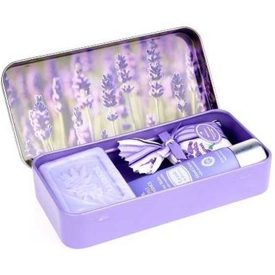 Esprit Provence Lavendel-Toilettenseife 60 g + Duftsäckchen + Handcreme 30 ml + Dose mit Bild eines Lavendelfeldes, Kosmetikset für Frauen
