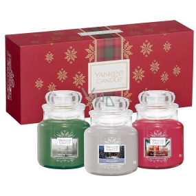 Yankee Candle Candlelit Cabin - Cottage mit Kerze beleuchtet + Evergreen Mist - Forest Mist + Granatapfel Gin Fizz - Granatapfel Gin Fizz Duftkerze Klassisches kleines Glas 3 x 104 g, Weihnachtsgeschenkset