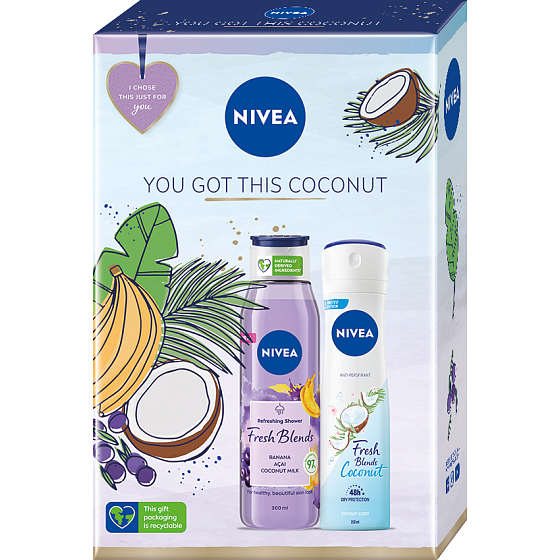 Nivea You Got This Coconut Fresh Blends Banana & Acai Duschgel 300 ml + Coconut 48h Antitranspirant Deodorant Spray 150 ml, Kosmetikset für Frauen