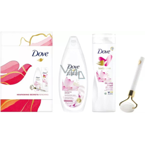 Dove Nourishing Secrets Brightening Ritual Lotusblume und Reiswasser Duschgel 250 ml + Körperlotion 250 ml + Massageroller für das Gesicht, Kosmetikset für Frauen
