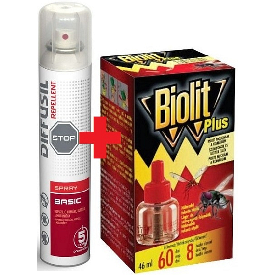 Diffusil Repellent Basic Mücken-, Zecken- und Fliegenwurmspray 200 ml + Biolit Plus Liquid Nachfüllpackung für Mücken und Fliegen 60 Tage 46 ml