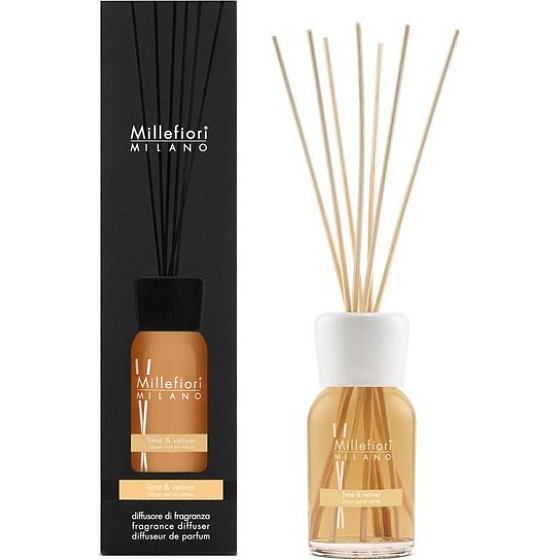 Millefiori Milano Natural Lime & Vetiver - Kalk und Vetiver Diffusor 100 ml + 7 Stiele 25 cm lang für kleinere Räume hält 5-6 Wochen